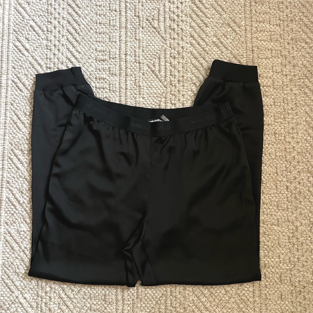 Karl Lagerfeld Paris Black Satin Joggers Logo Waistband Lounge Pants Womens L